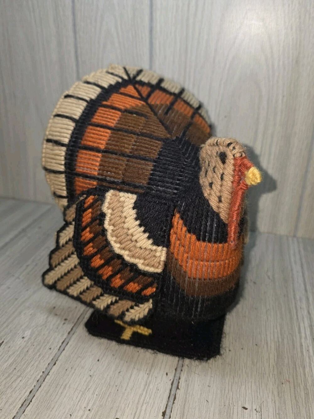 Vtg Handmade Thanksgiving Turkey Plastic Canvas Needlepoint Centerpiece 3D